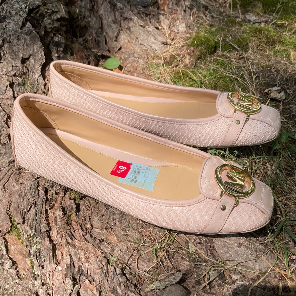Michael Kors Fulton Pink Leather Snakeskin Ballet Flats Gold Hardware Logo
